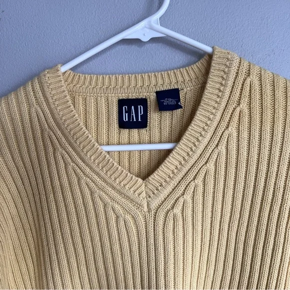 Vintage‎ Y2K Gap Vneck Ribbed Chunky Knit Sweater Butter Yellow Cotton XL - Picture 3 of 4